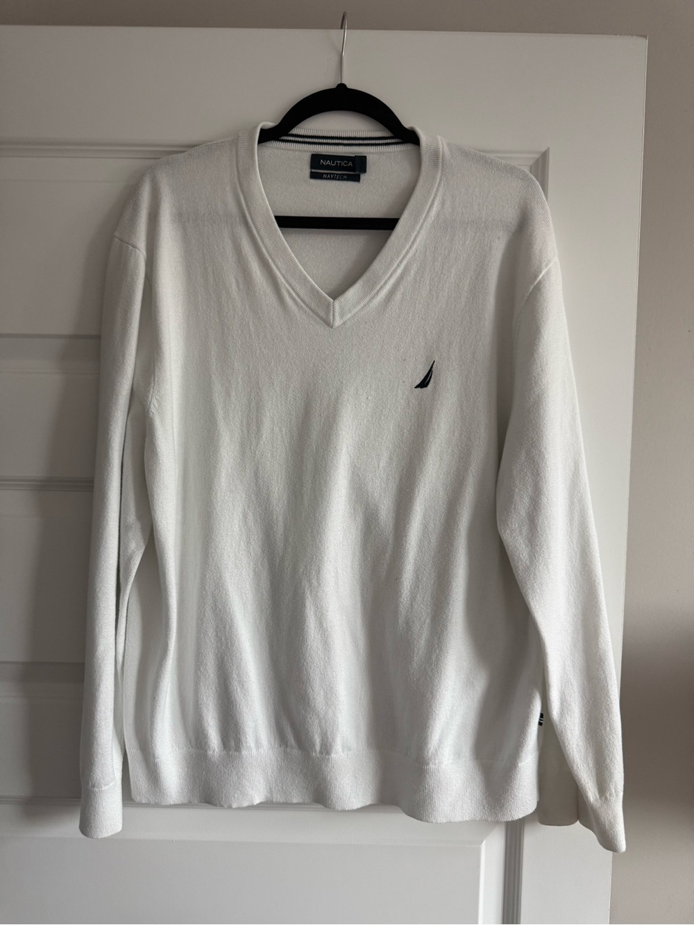 Nautica Men's White V-Neck Sweater with Navy Logo